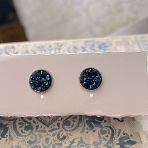 Silver-tone Metallic Faux Druzy Stone Stud Earrings 12mm (Blue)